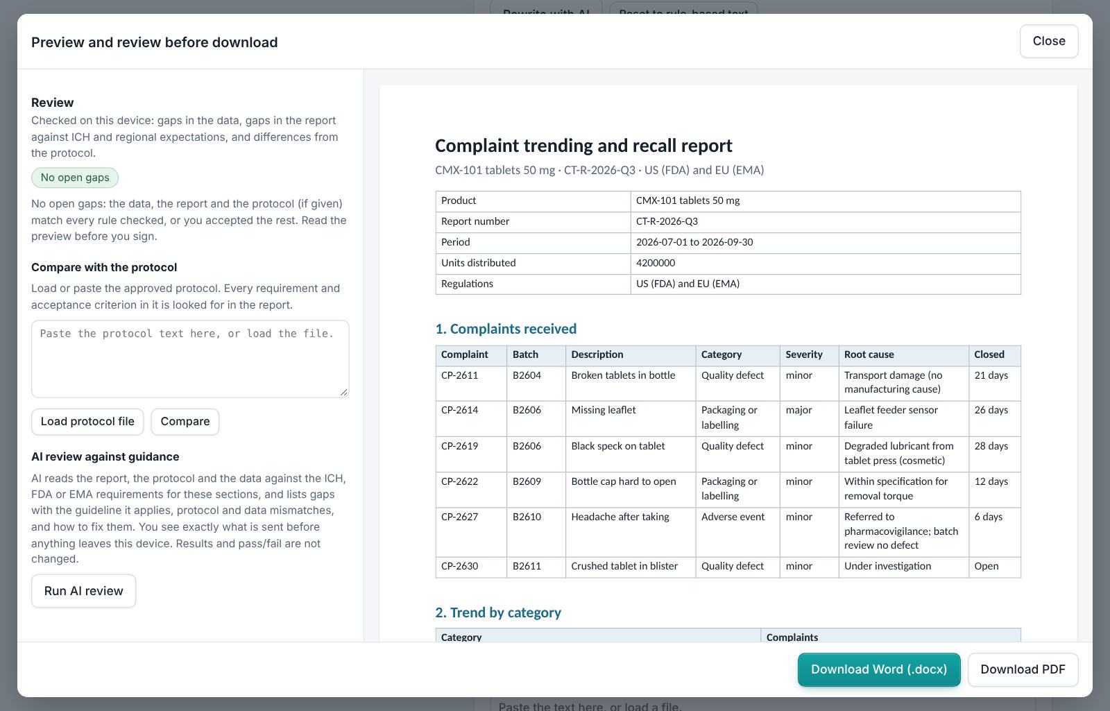 Complaint Trending & Recall Report