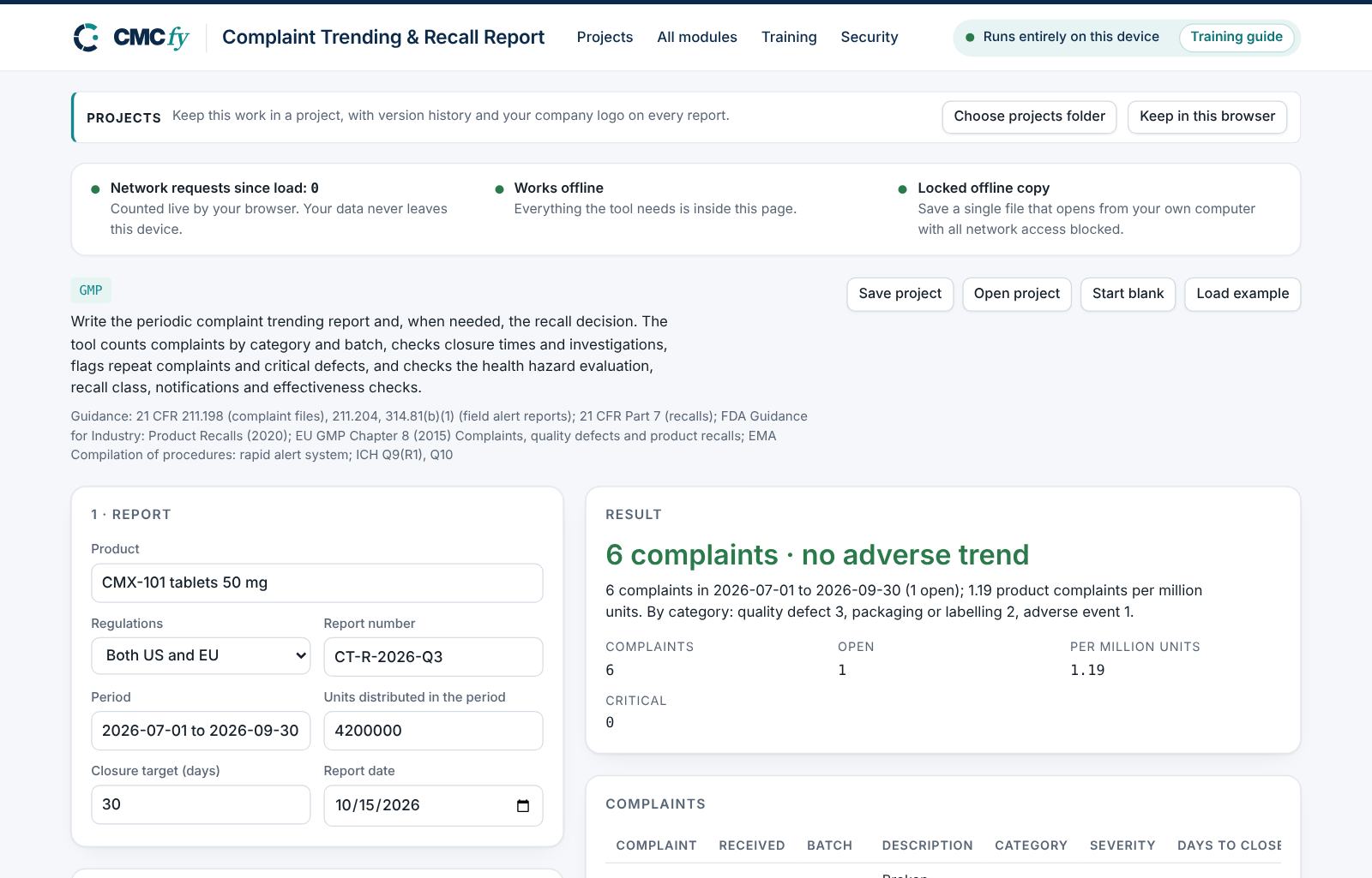 Complaint Trending & Recall Report