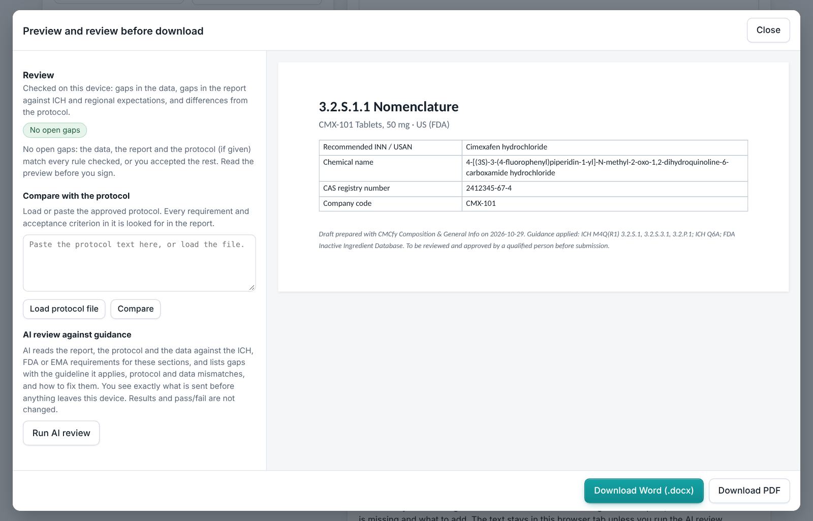 Each section opens in a preview with the gap review on the left.