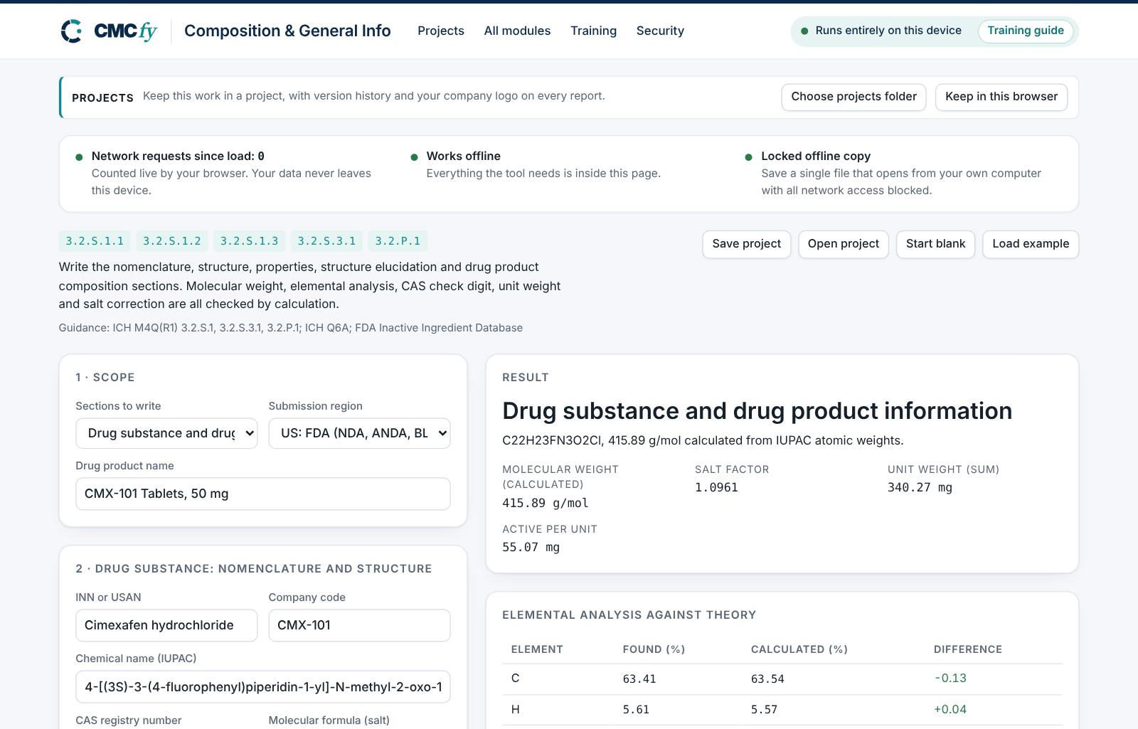 The tool opens with the example product CMX-101 Tablets, 50 mg already loaded.