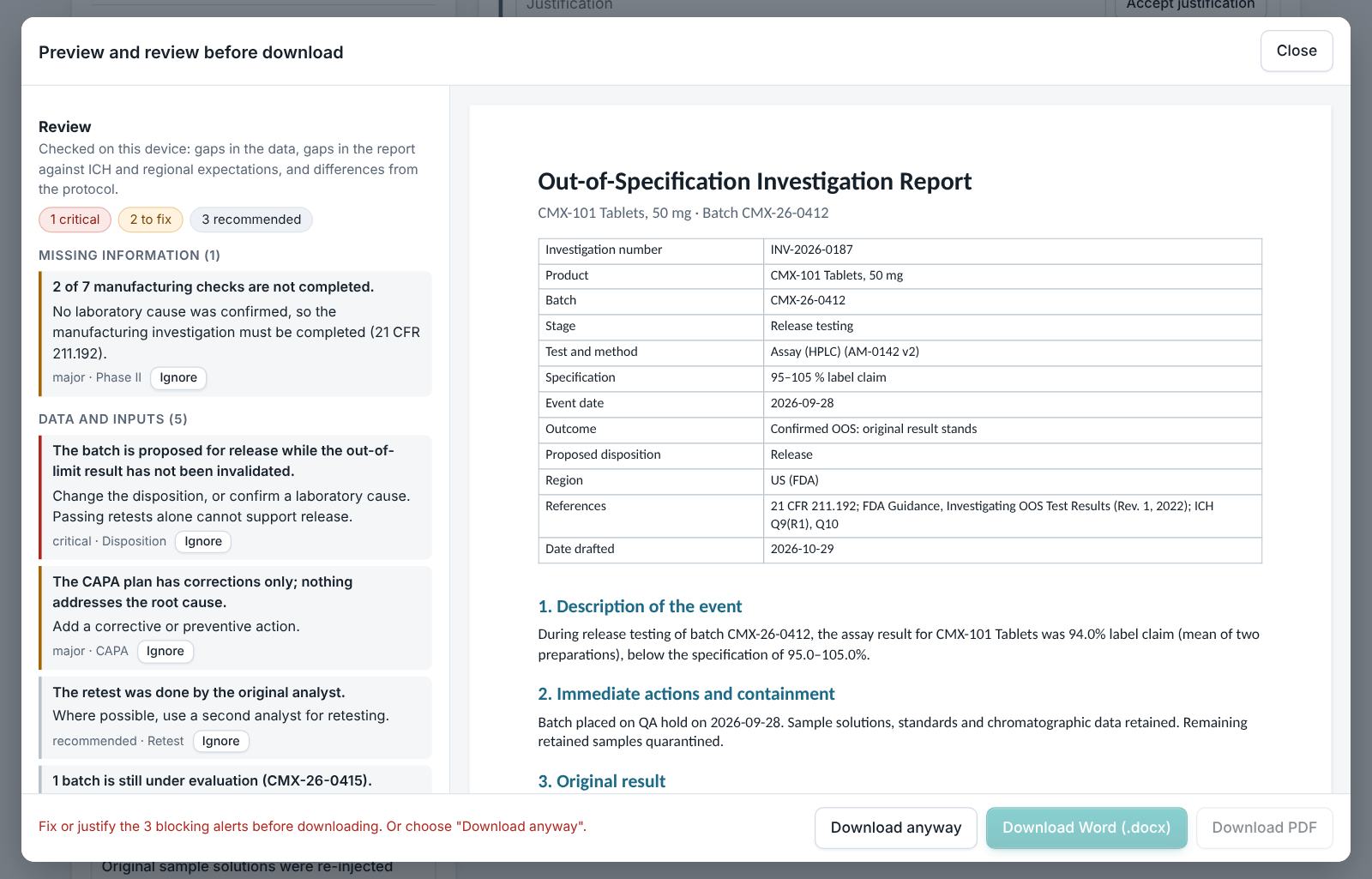 Investigation Studio (OOS, deviation, CAPA)