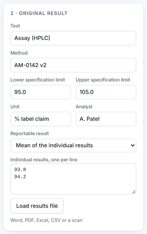 The original result panel.
