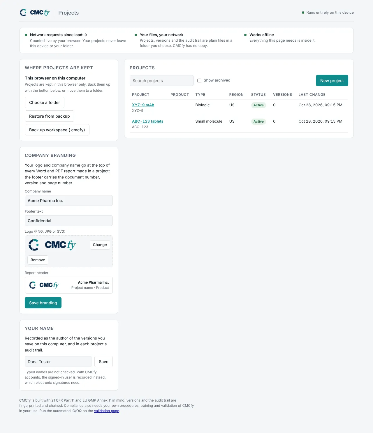 The Projects page with two projects, company branding and the workspace folder