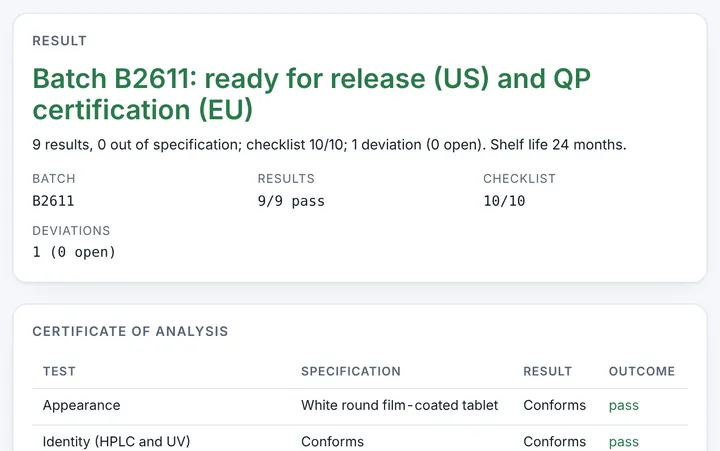 Batch Record Review & Release in CMCfy: Batch record review, CoA check and release or QP certification.