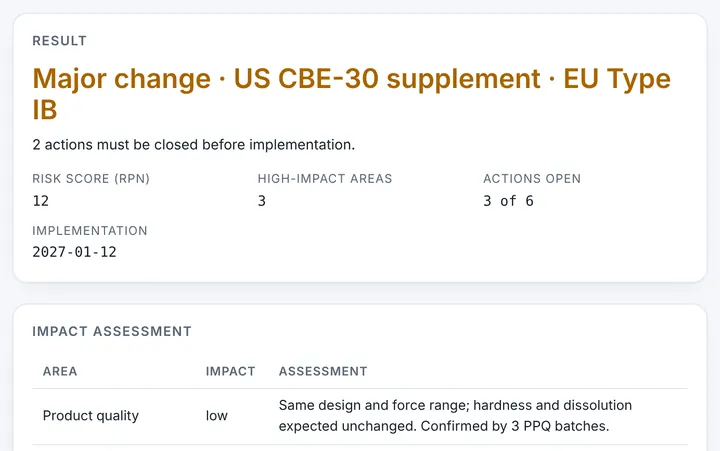 Change Control in CMCfy: Change control record with impact assessment, risk score and regulatory route.