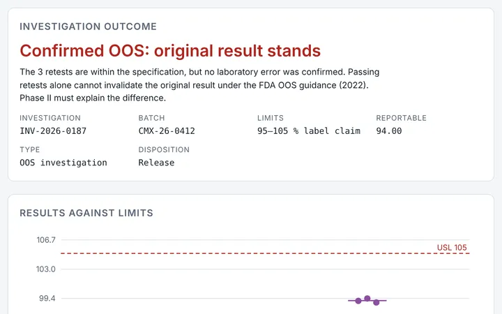 OOS, Deviation and CAPA in CMCfy: Structured investigations from first lab check to CAPA effectiveness.