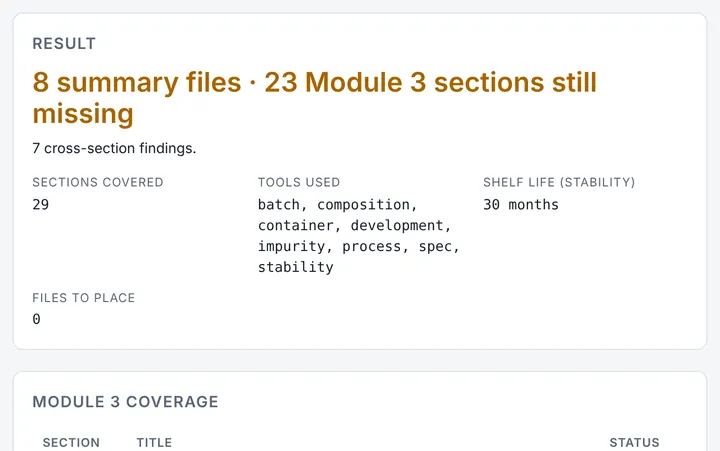 QOS Composer & Dossier in CMCfy: Quality Overall Summary and cross-checks across every section.