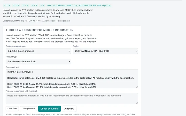 Report Reviewer in CMCfy: Upload any CMC section or report and get a list of what is missing.