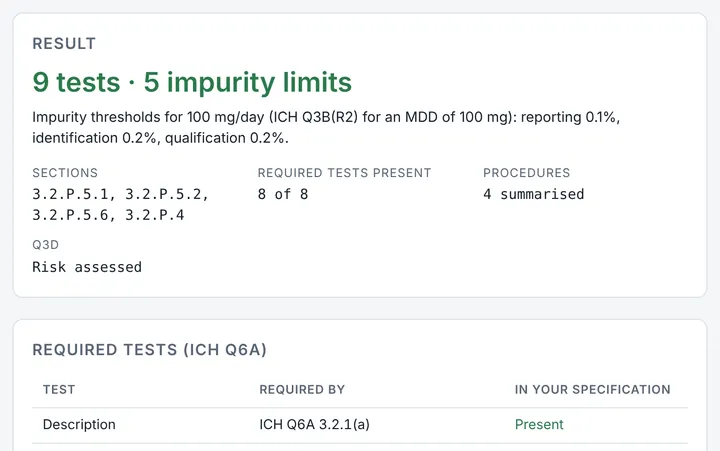 Specification Builder in CMCfy: Drug substance and drug product specifications with justification.