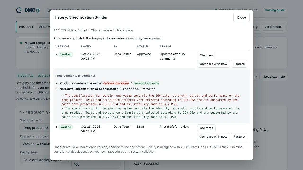 Version history: two verified versions with author, status and reason, and the changes from version 1 to version 2